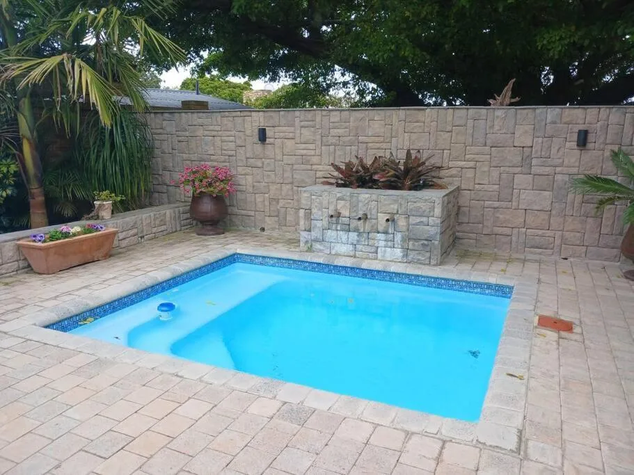 Bright blue swimming pool with paved deck and planted surrounds