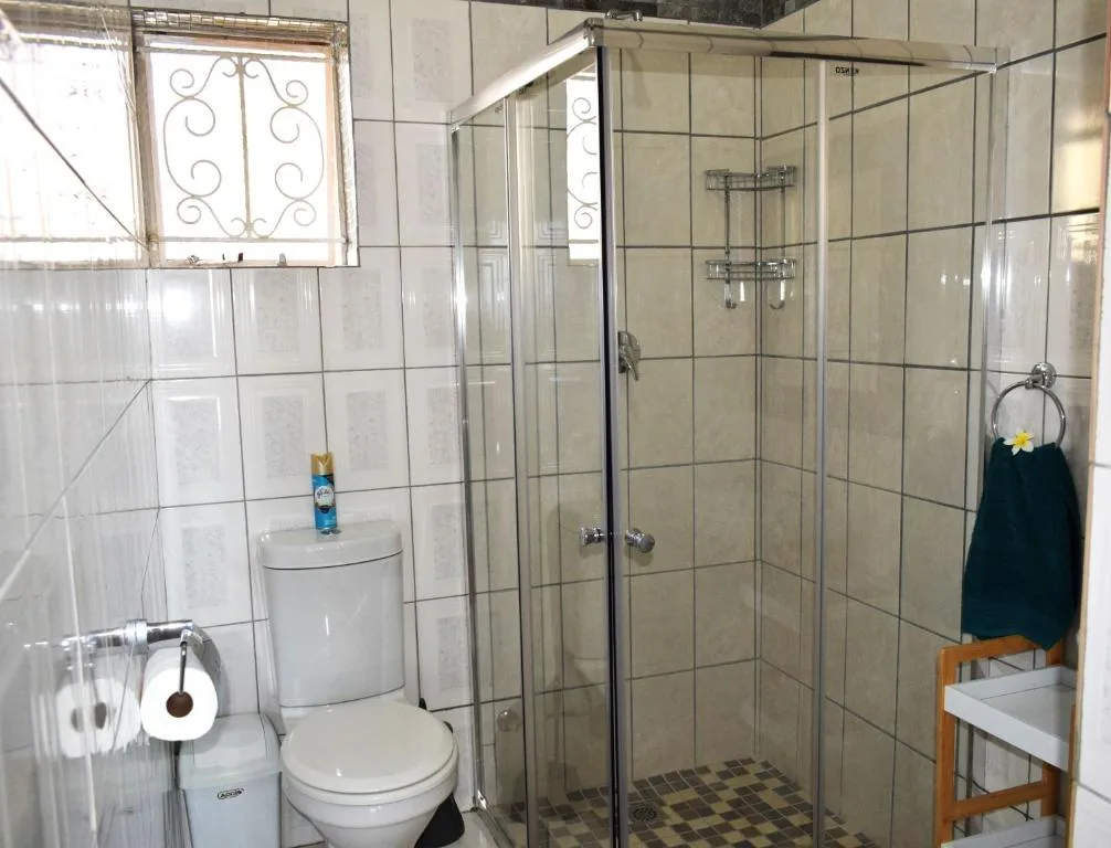 Bathroom with toilet, sink, and glass-enclosed shower cubicle with decorative tilework