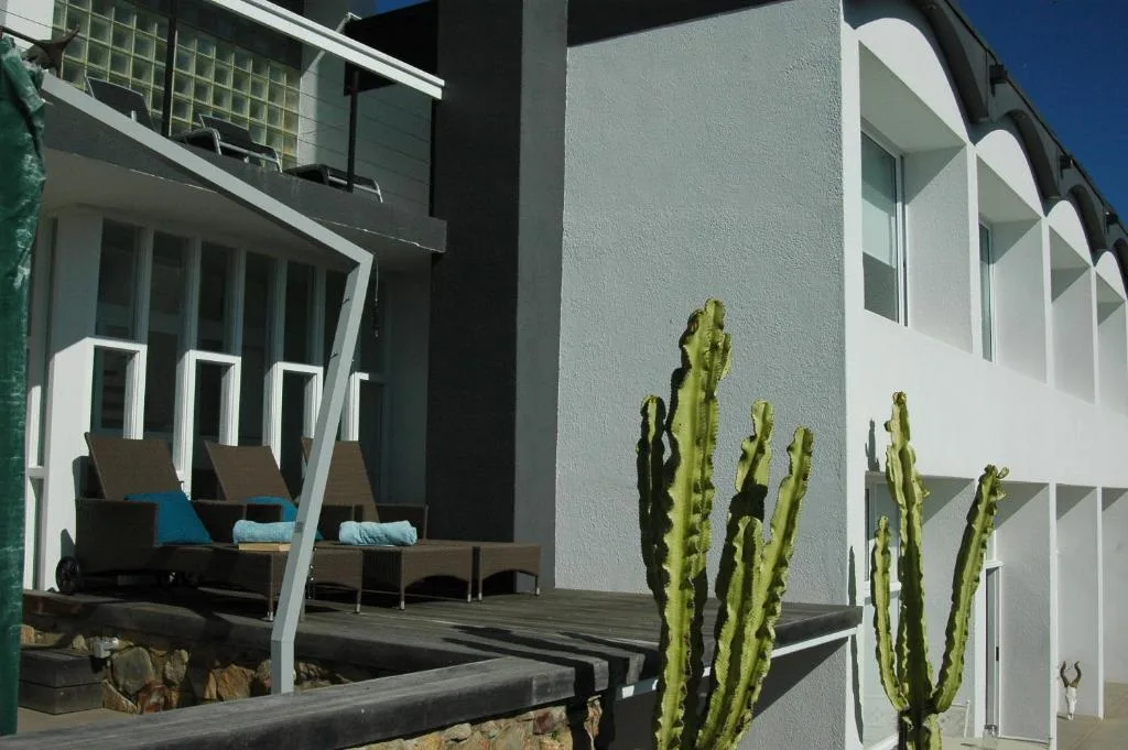 Modern white building facade with deck, lounge chairs, and desert plants