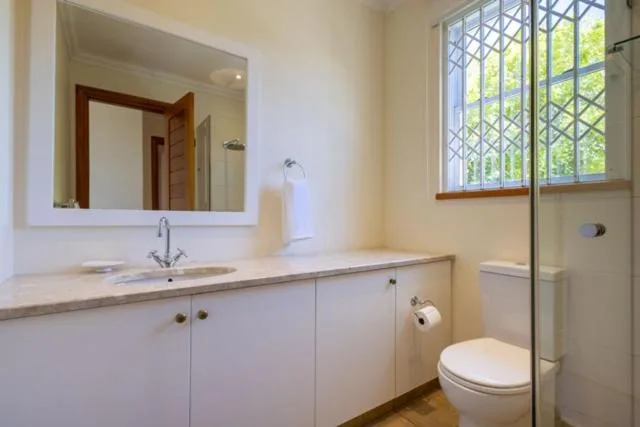 Modern bathroom with vanity, mirror, toilet, and glass shower enclosure