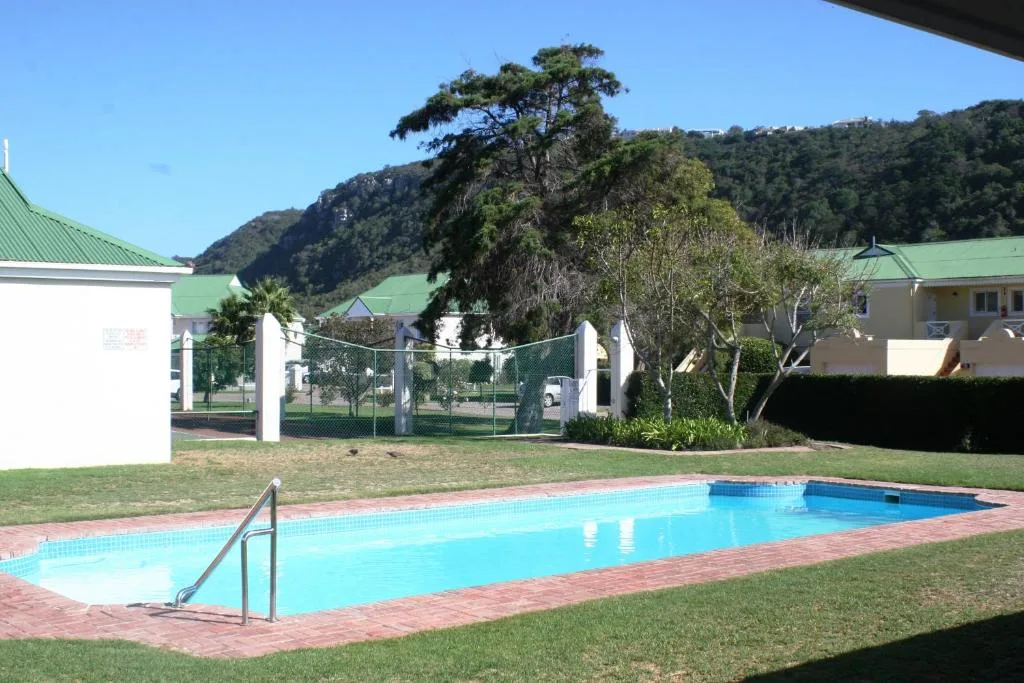 Bright blue rectangular swimming pool with brick surround and mountain backdrop