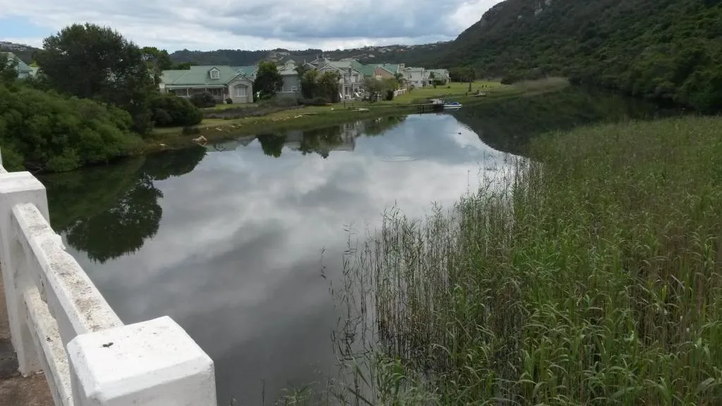 Serene river landscape with mountain backdrop and waterfront properties reflected