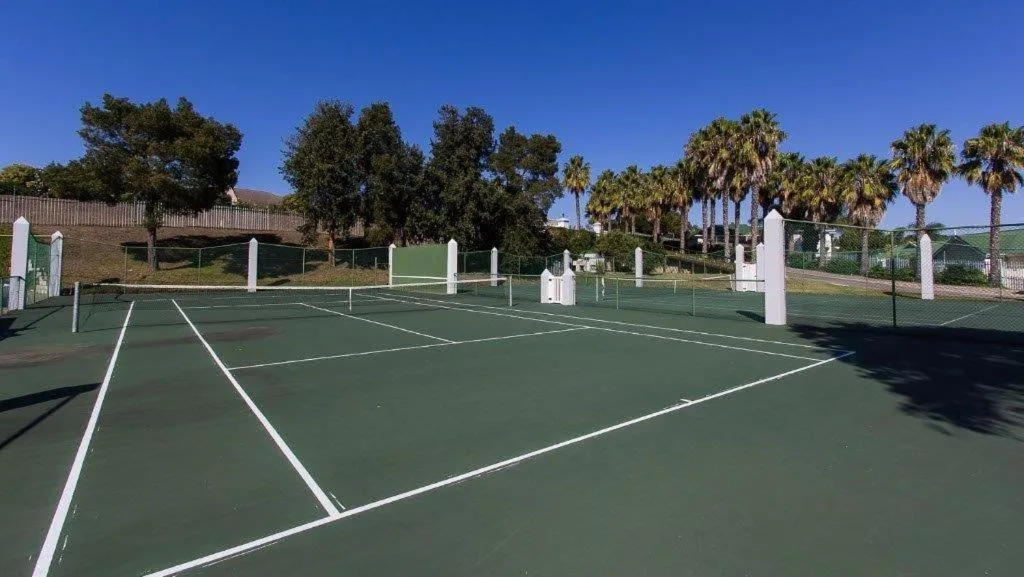 Professional tennis court with white lines and net posts on manicured grounds
