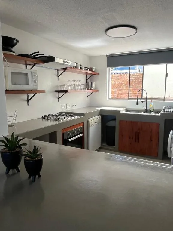 Modern kitchen with gas stove, sink, wooden shelving, and brick exterior view