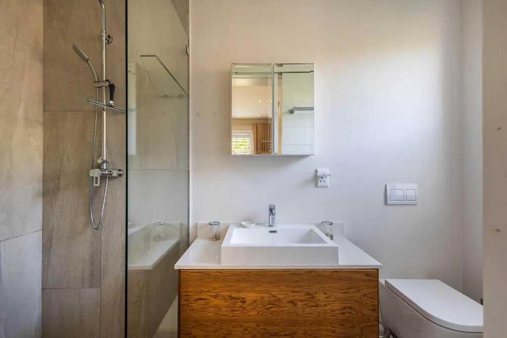 Modern bathroom with walk-in shower, wooden vanity, and mirror cabinet