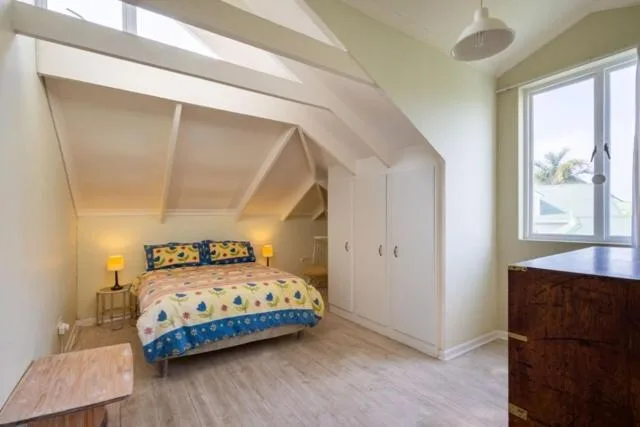 Bright loft bedroom with queen bed, built-in storage, and skylight windows