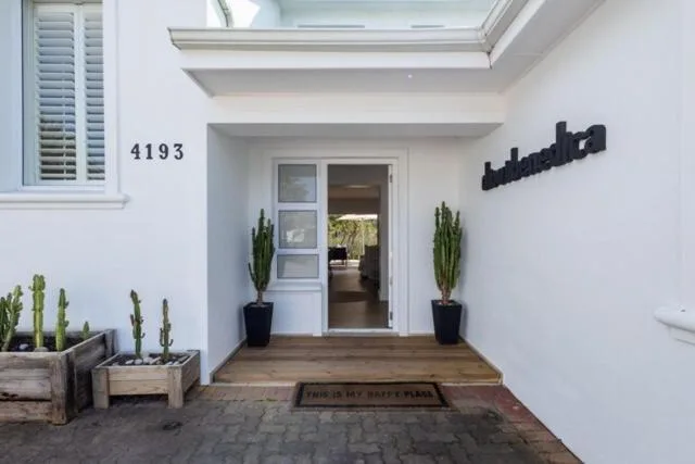 Modern white entrance with number 4193, potted plants, and welcoming wooden deck