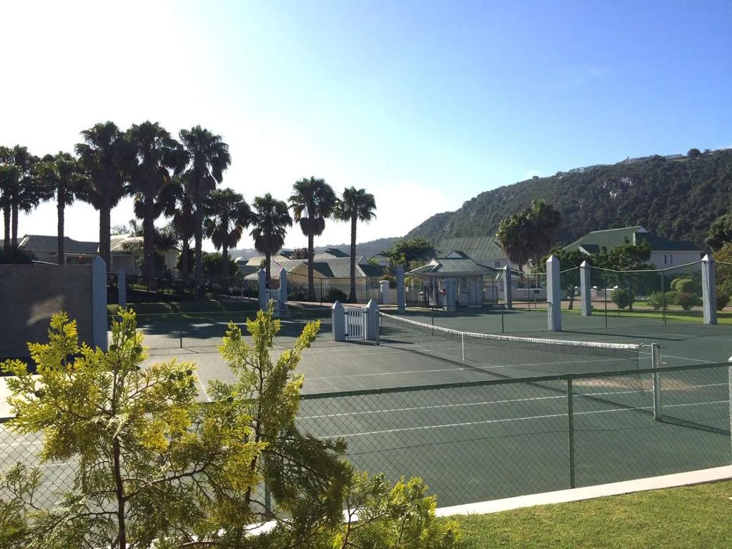 Tennis courts with mountain backdrop and palm trees surrounding the property grounds