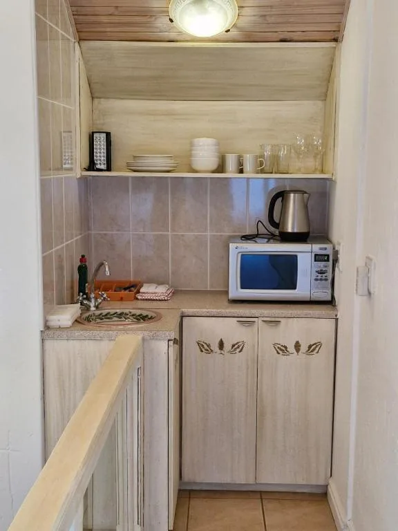 Compact kitchenette with microwave, kettle, and open shelving displaying dishware