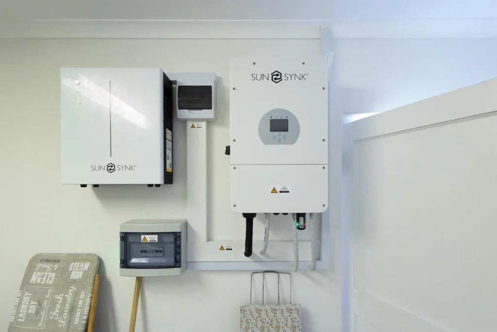 Solar power system with SunSynk inverter and battery management equipment installed