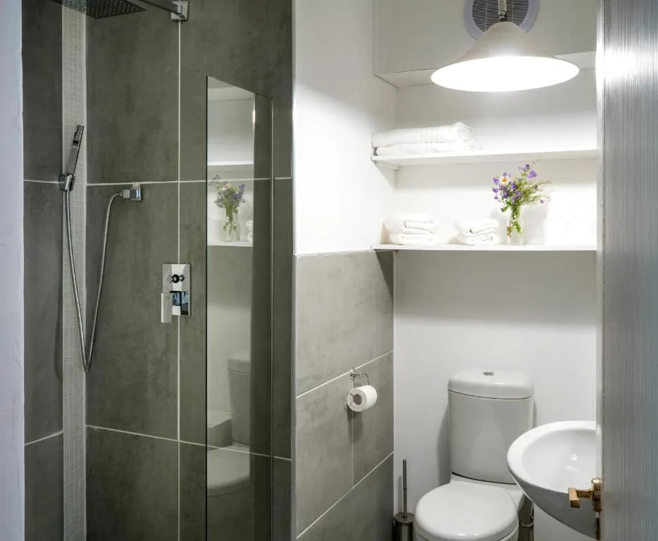 Modern bathroom with walk-in shower, toilet, and white shelving with towels