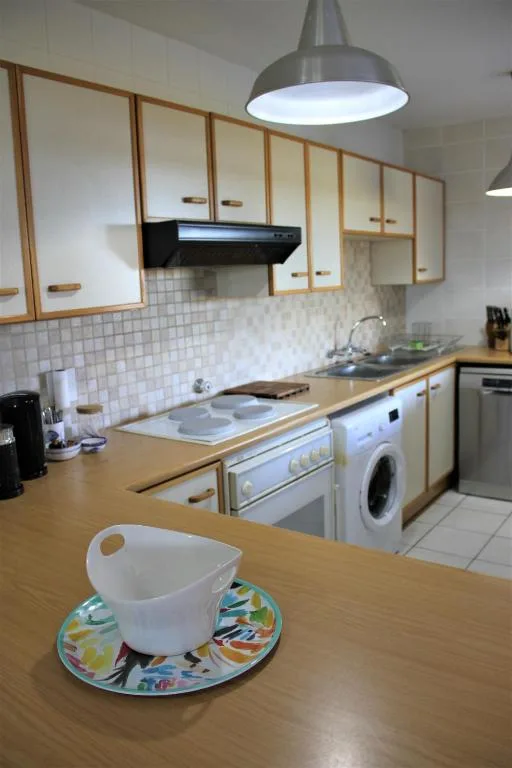Modern kitchen with light wood cabinetry, stainless steel appliances, white tile backsplash