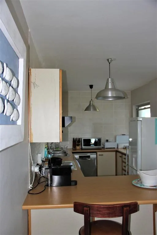 Modern kitchen with wooden counters, stainless steel pendants, and compact appliances