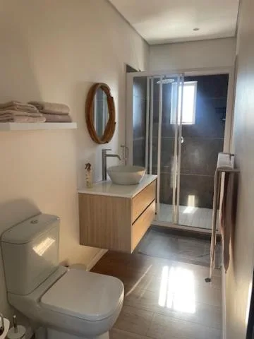 Modern bathroom with vanity, shower enclosure, and toilet