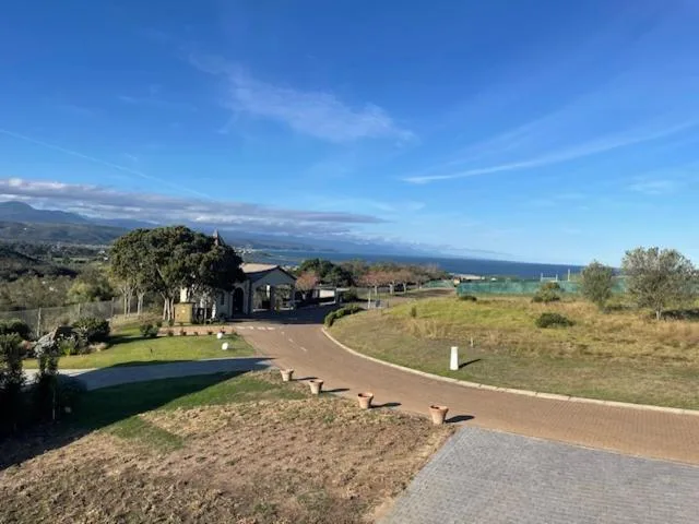 Modern property with curved driveway, manicured gardens, and mountain views beyond