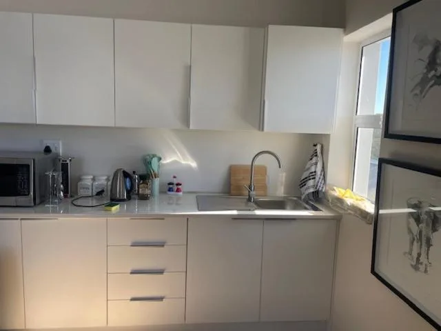 Modern white kitchen with stainless steel sink and contemporary cabinetry