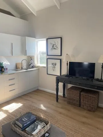 Open-plan lounge with TV, kitchen area, and bright natural light from windows