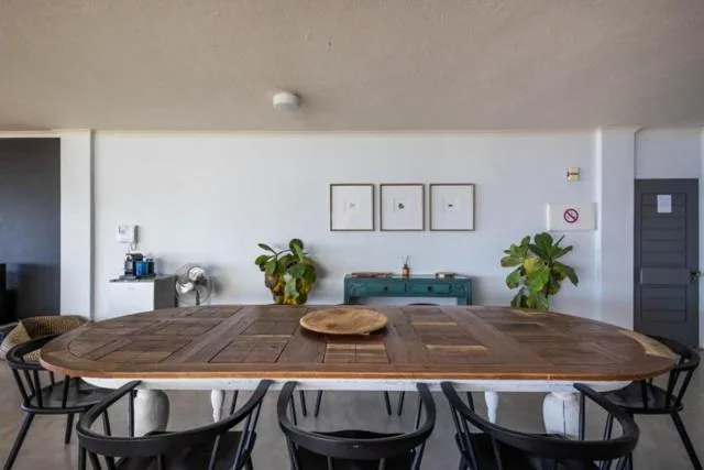 Modern dining area with wooden table and black chairs, potted plants