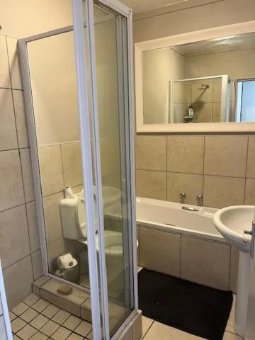 Modern bathroom with walk-in shower, bathtub, and white vanity sink