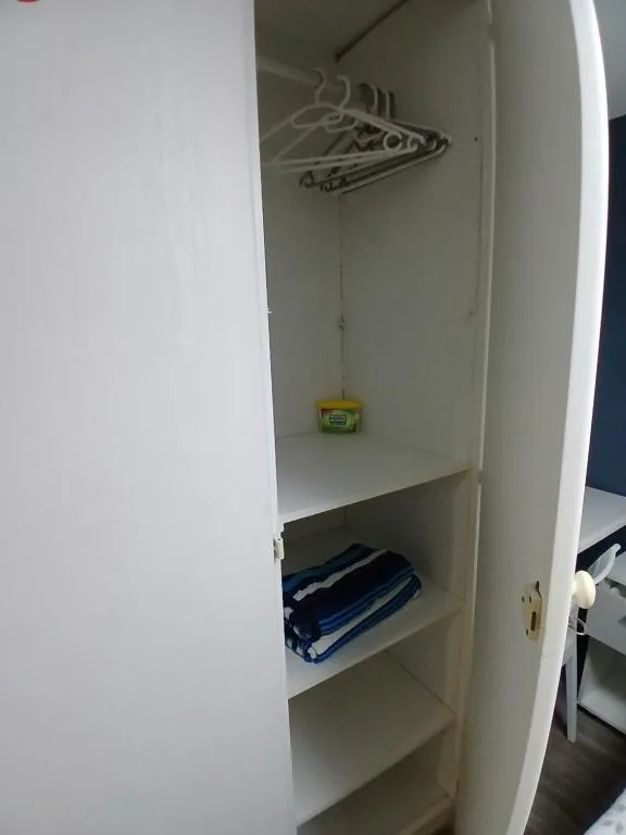 Built-in wardrobe closet with hangers and folded linens storage