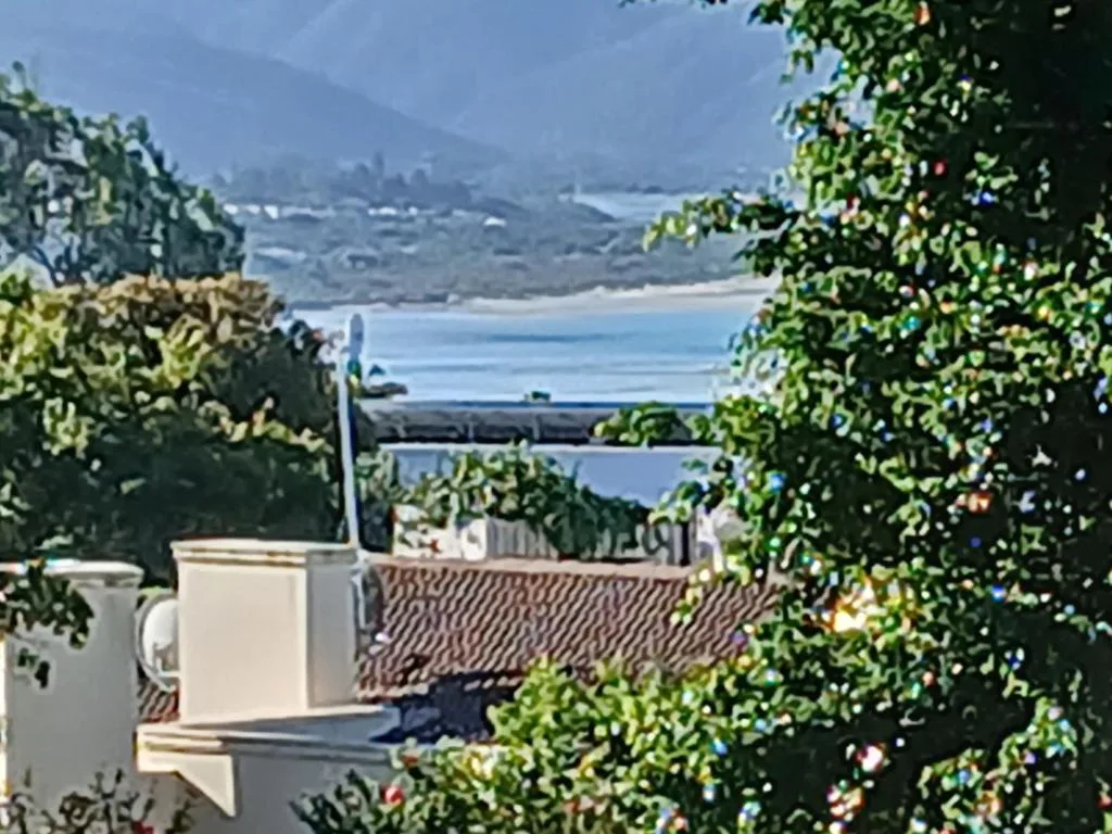 Scenic coastal view of Plettenberg Bay lagoon and mountains from property garden
