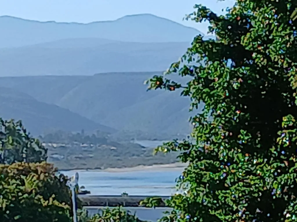 Scenic lagoon view framed by lush green vegetation and mountains
