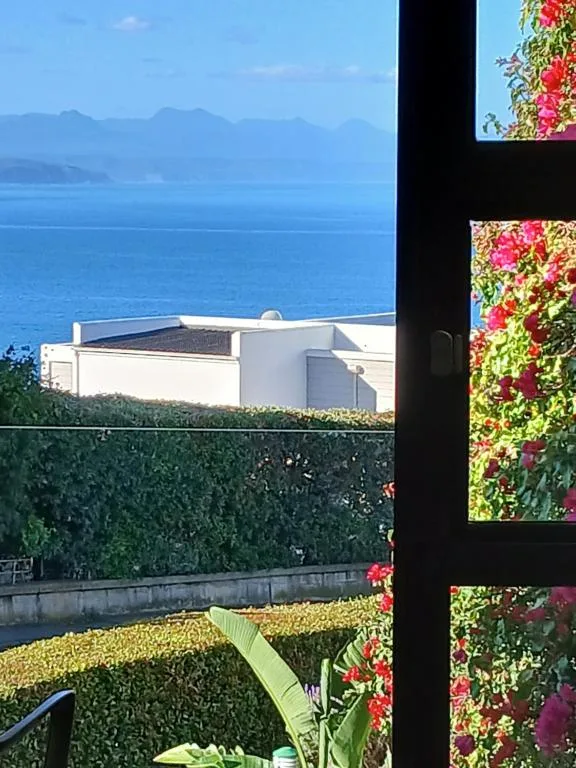 Ocean and mountain vista from property deck with flowering vines