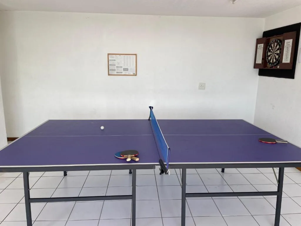 Ping pong table with paddles and ball in recreation room