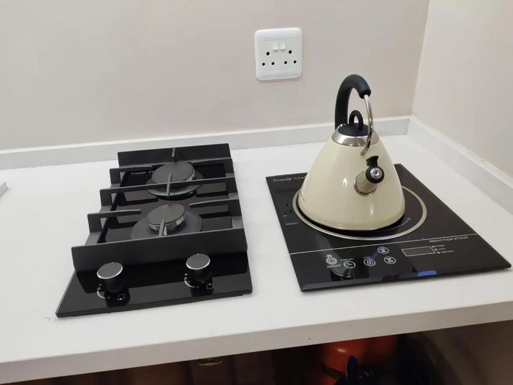 Compact kitchen with gas hob and electric induction cooktop appliances