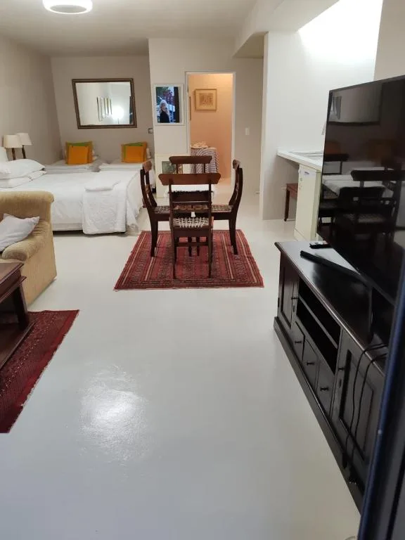 Spacious open-plan lounge with TV, dining table, and bedroom visible