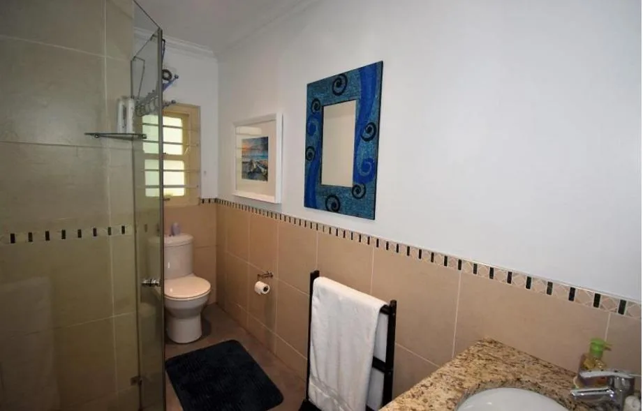 Bathroom with walk-in shower, toilet, and decorative blue mirror frame