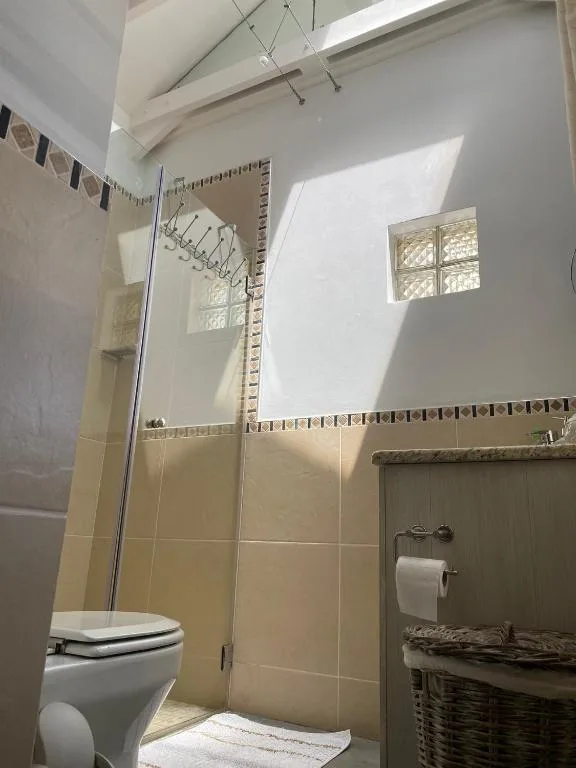 Bright bathroom with walk-in shower, toilet, and decorative tile accents