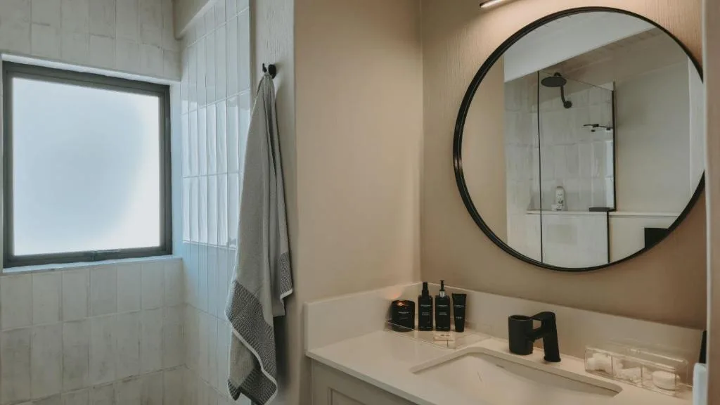 Modern bathroom with round mirror, white vanity, and glass shower enclosure