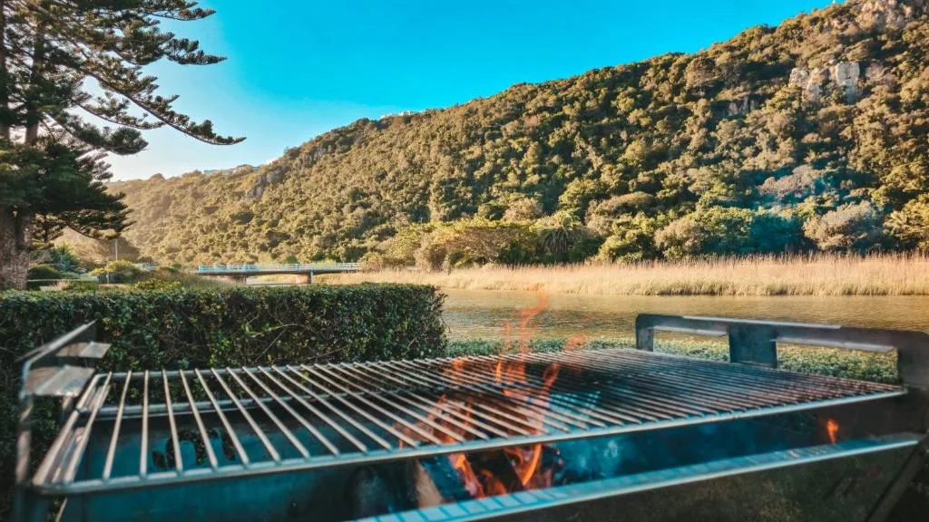 Scenic lagoon view with forested mountains and waterfront deck area