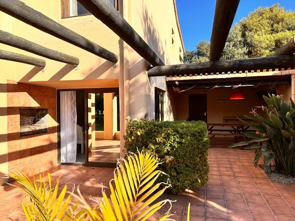 Shaded courtyard with terracotta tiles, wooden beams, and tropical plants