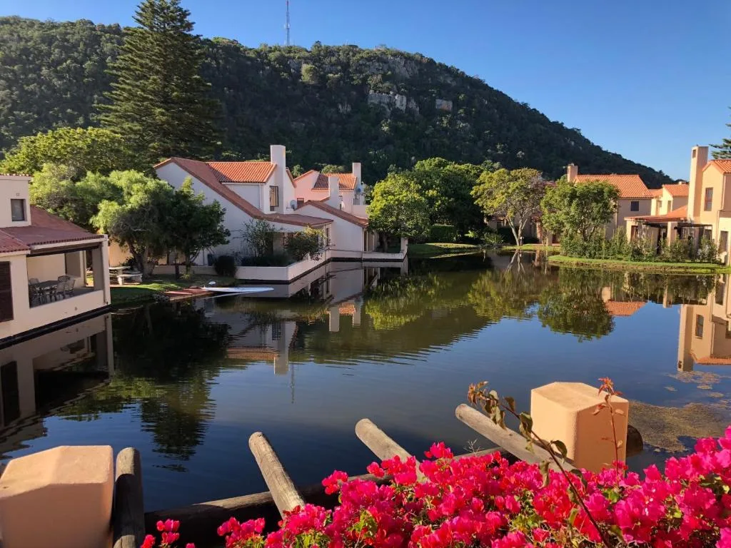Waterfront homes nestled against forested cliffs with lagoon reflections