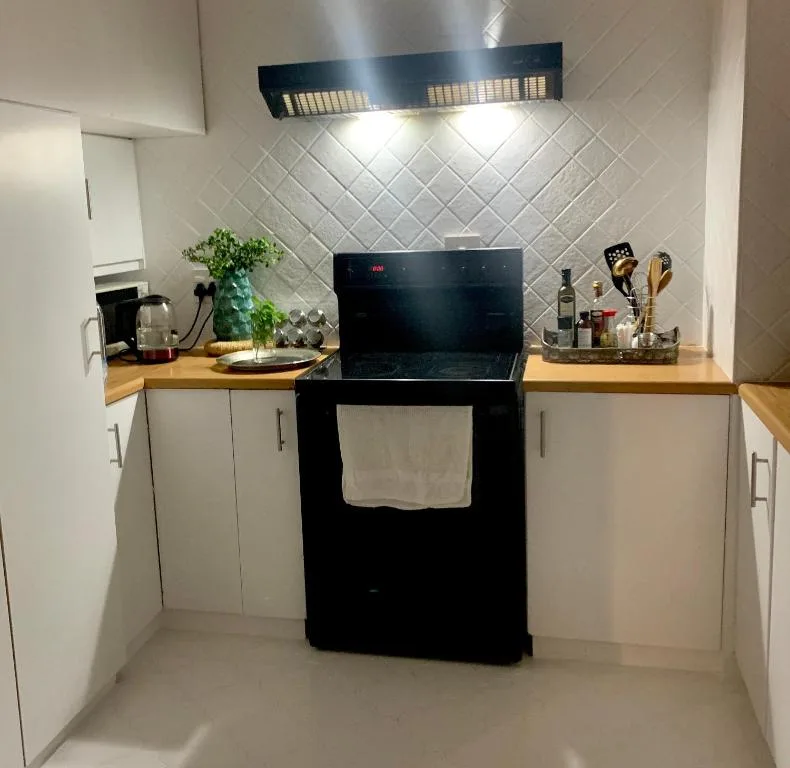 Modern kitchen with black electric stove, white cabinetry, wooden countertops, and tiled backsplash