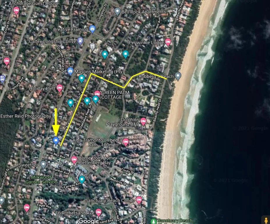 Aerial map showing property location near Plettenberg Bay beach and surrounding accommodations