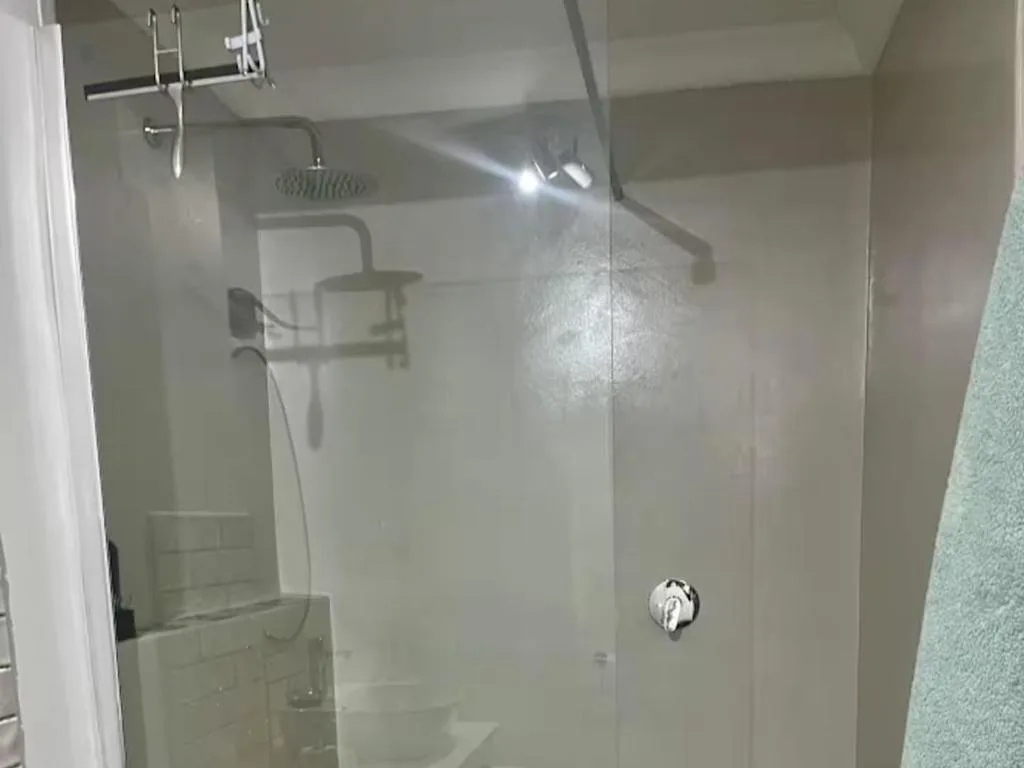 Modern shower enclosure with rainfall showerhead and glass partition doors