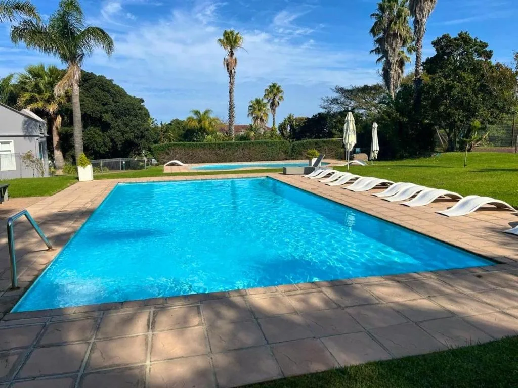 Rectangular swimming pool with loungers, palm trees, and manicured gardens