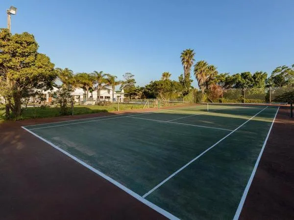 Tennis court with white lines and main house visible in background