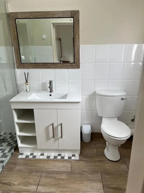 Modern bathroom with white vanity, mirror, and toilet fixtures