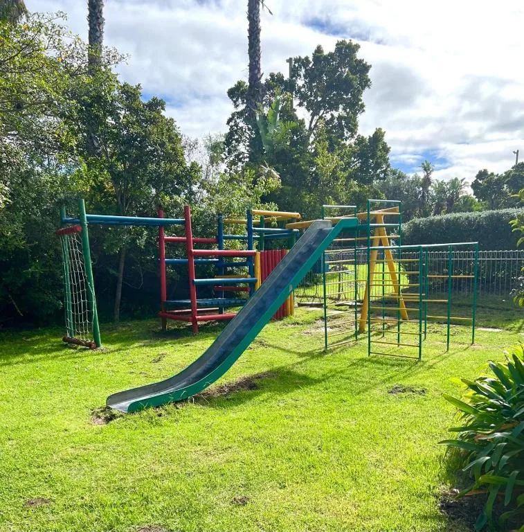Colorful children's playground with slide and climbing equipment on lawn