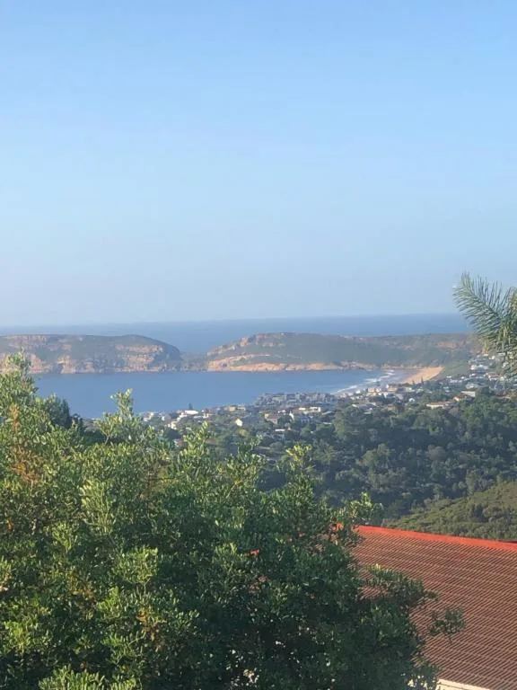 Scenic coastal bay view with forested hills and seaside town below
