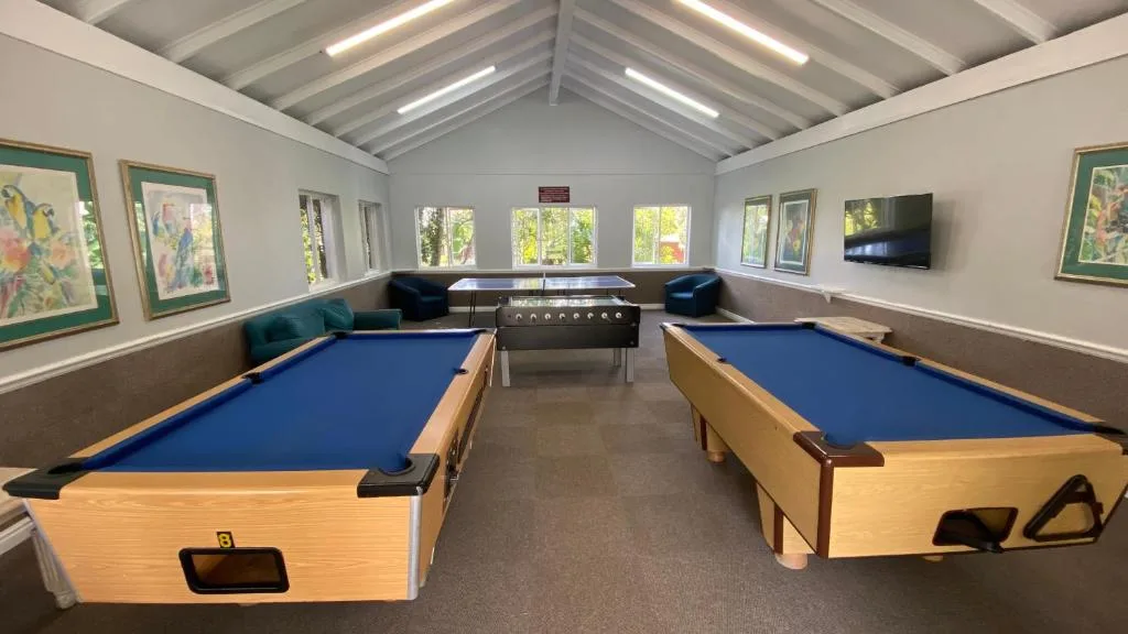 Game room with two pool tables, foosball, television, and comfortable seating