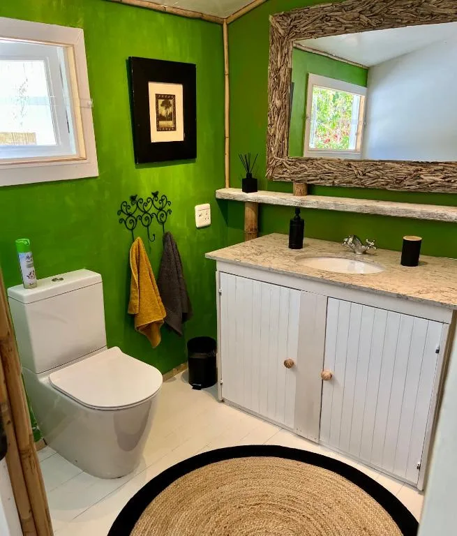 Bright green bathroom with white toilet, vanity cabinet, and natural wood accents