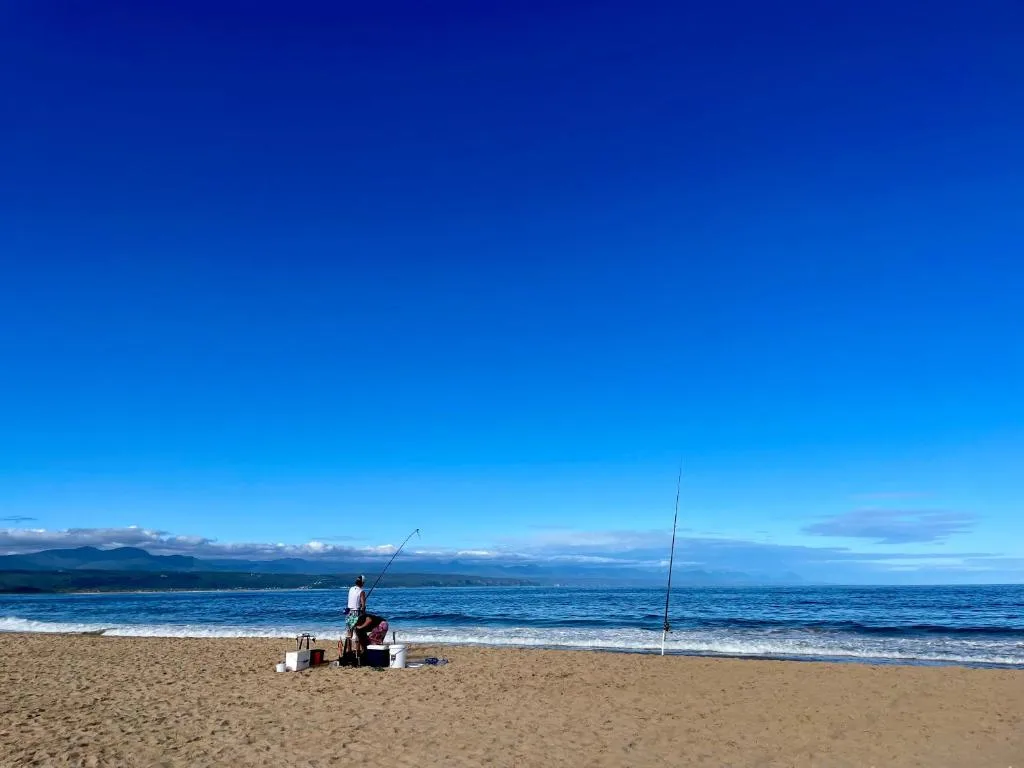 Scenic beach view with mountains and clear blue ocean horizon