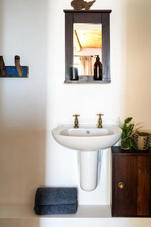 Stylish bathroom with pedestal sink, brass faucet, and decorative mirror