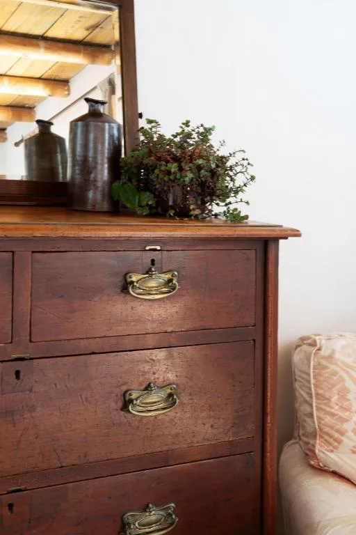 Wooden dresser with brass handles, potted plants, and decorative bottles