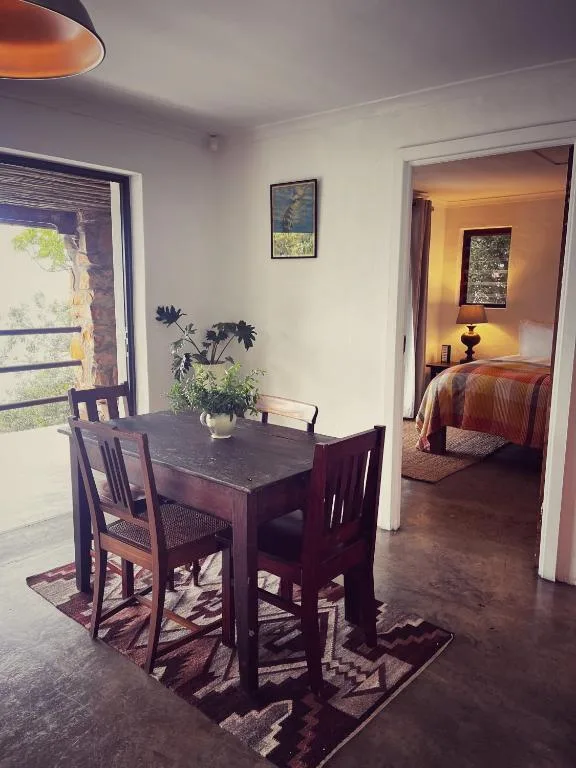 Dark wooden dining table with chairs and potted plant decoration
